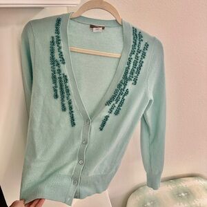 J. CREW 100% Cashmere Soft Blue Turquoise Embellished Cardigan Size Small